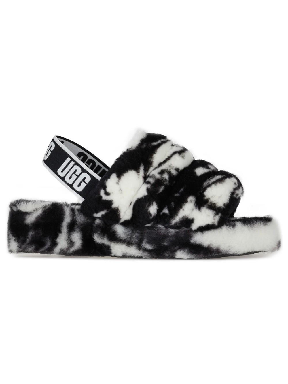 UGG women Black & White Marbled Fluff Slide with Logo Strap